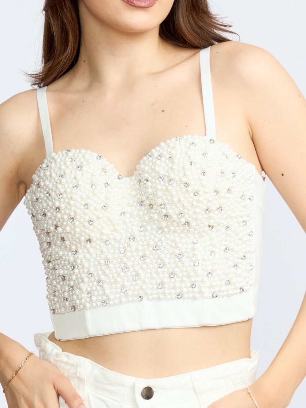 Women’s Pearl & Rhinestone Beaded Corset Crop Top with Adjustable Straps
